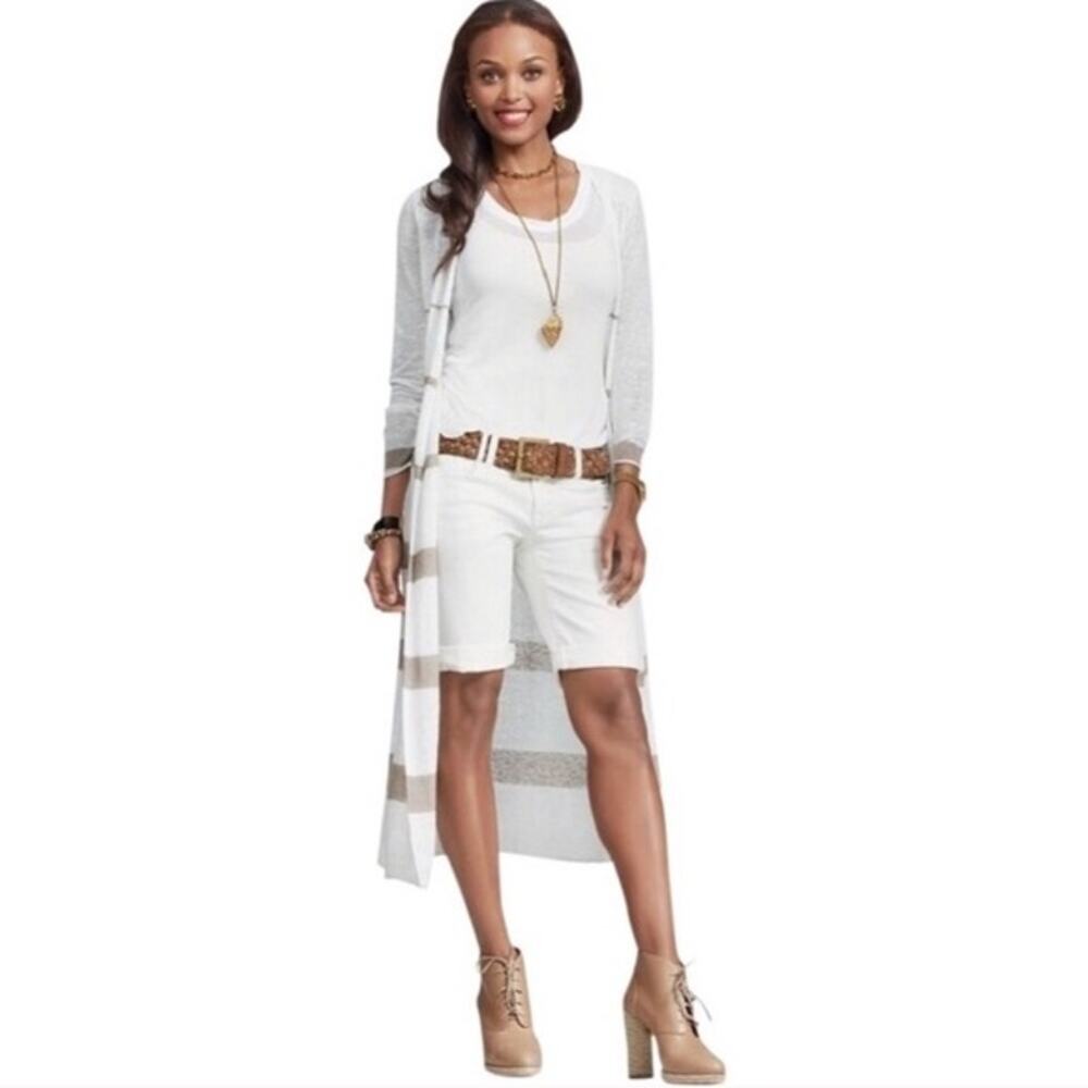 Cabi Linen Bon Voyage Riviera Cardigan Sweater Duster Womens Medium Cream Gray